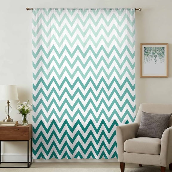 Teal Chevron Sheer Curtains 96 Inches Long, Ombre Geometric Ocean Wave V-shaped Light Filering Curtains, Privacy Drapes Simi Floor to Veiling Curtain for Living Room Bedroom Large Window Treatment