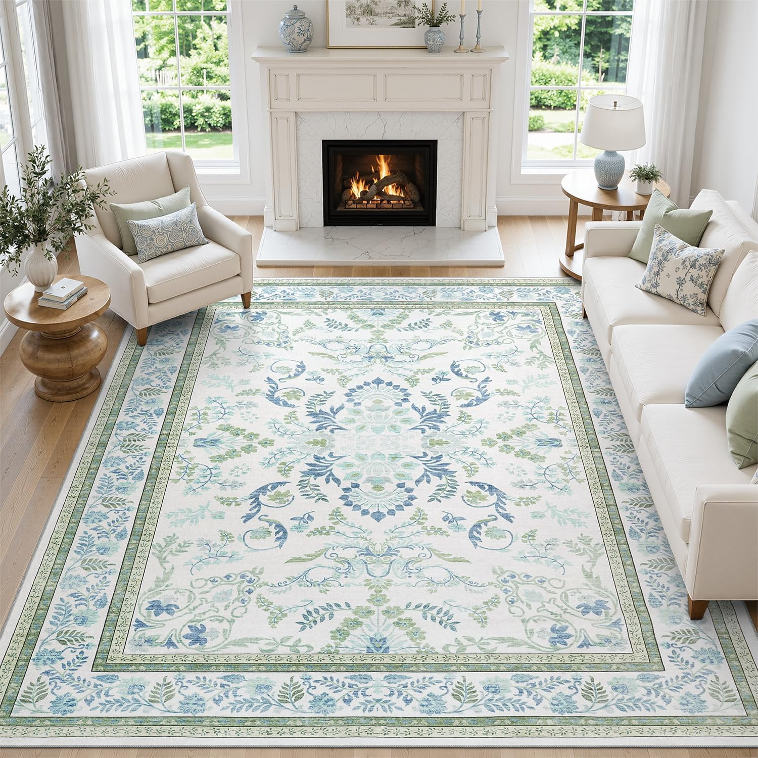 Blue and Green Washable 9x12 Area Rug | Rubber Back Non Slip, Stain Resistant Botanical Rug for Living Room, Soft Low Pile Large Nursery Carpet, Kid & Pet Friendly