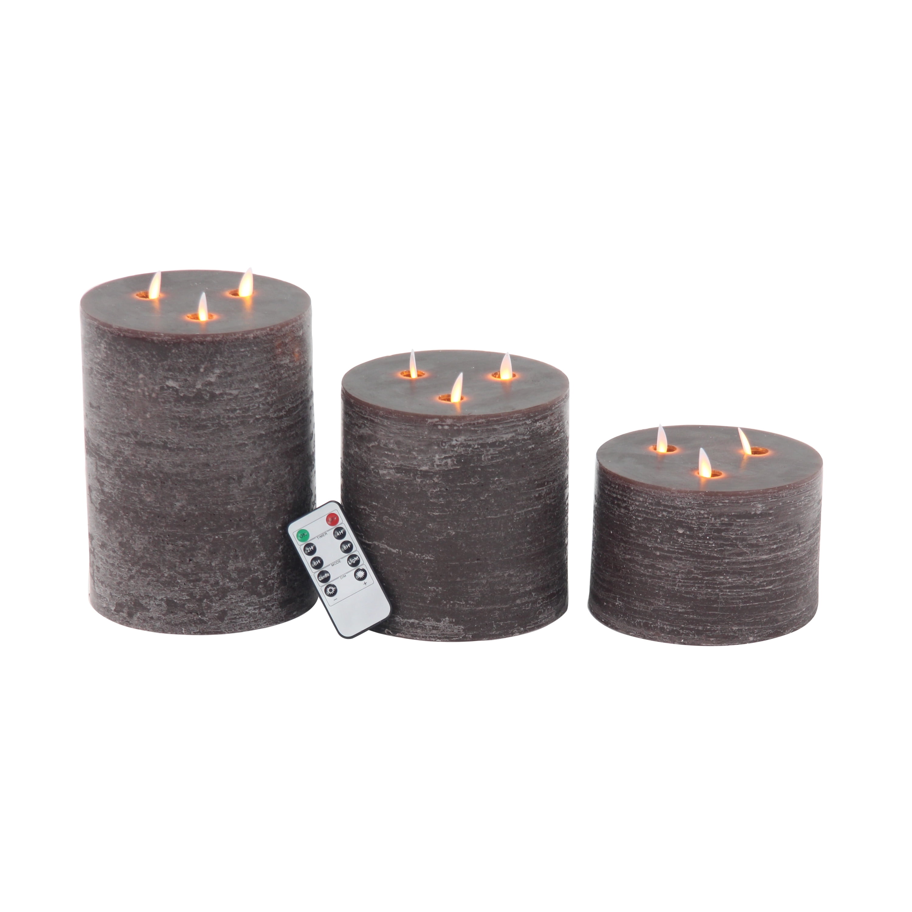 DecMode Brown Wax Indoor Outdoor Flameless Candle with Remote Control, Set of 3 4", 6", 8"H