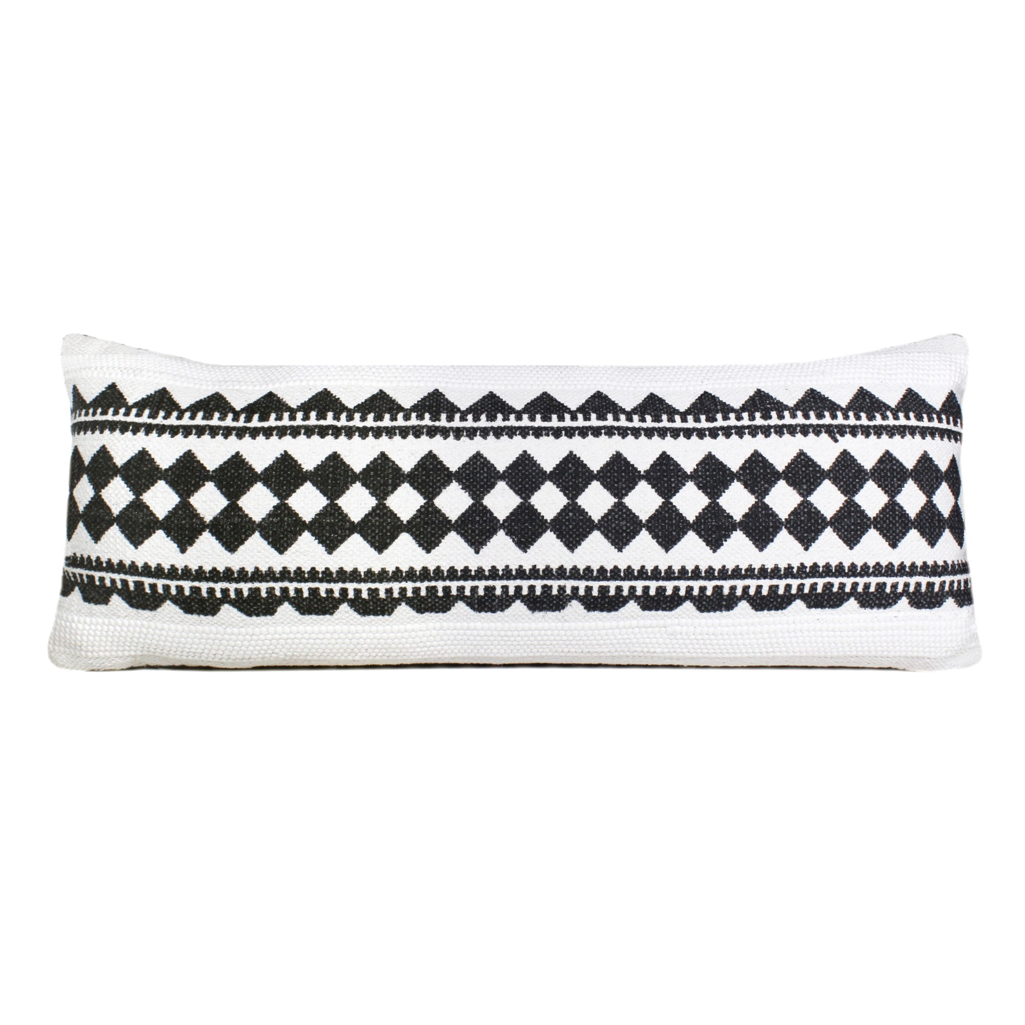 Laddha Home Designs Handwoven Geometric Diamond Lumbar Pillow Cover - 36" - White and Black