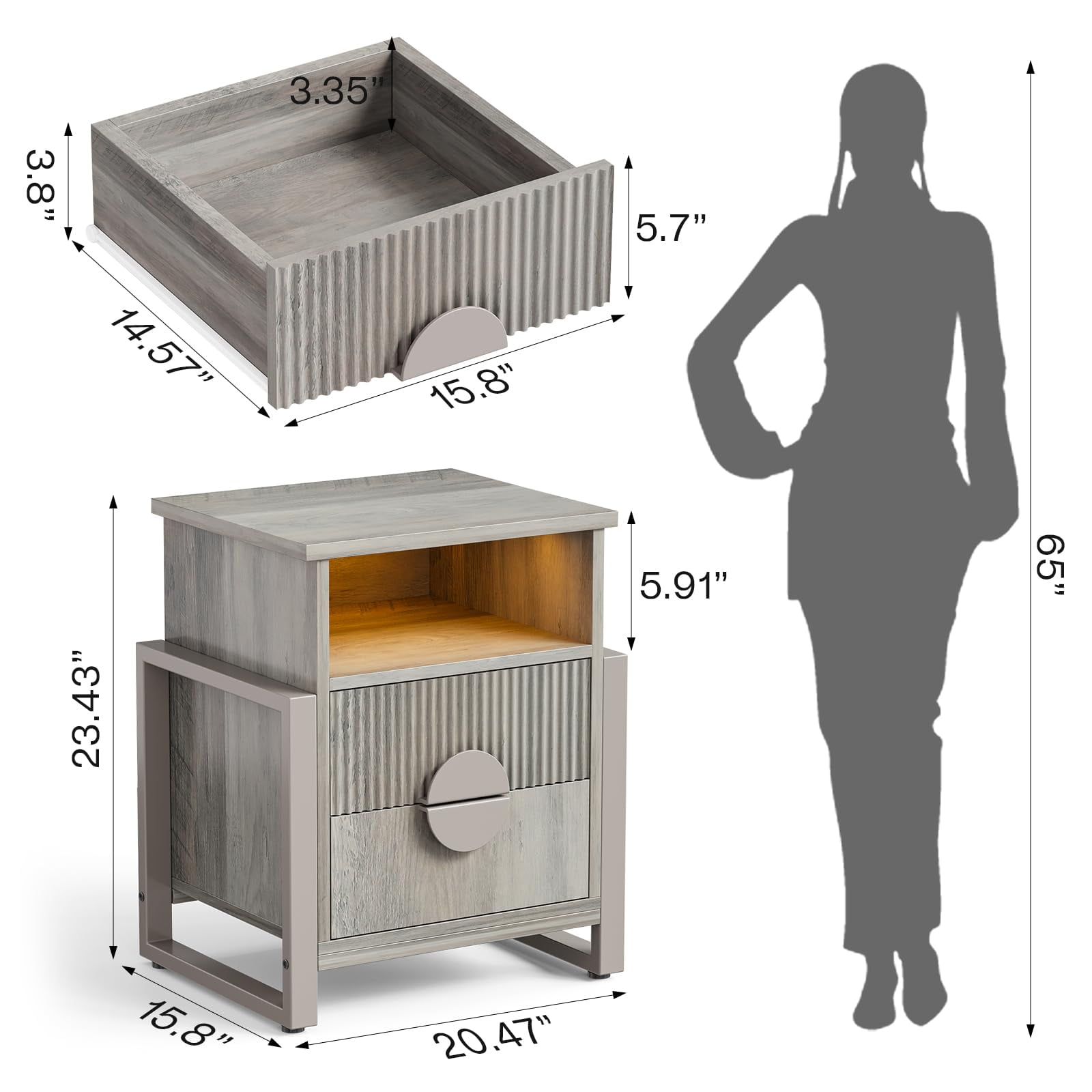 Modern Fluted 2-Drawer Dresser, Side table for Bedroom Living room, Borders H Metal Legs,Gray Wash