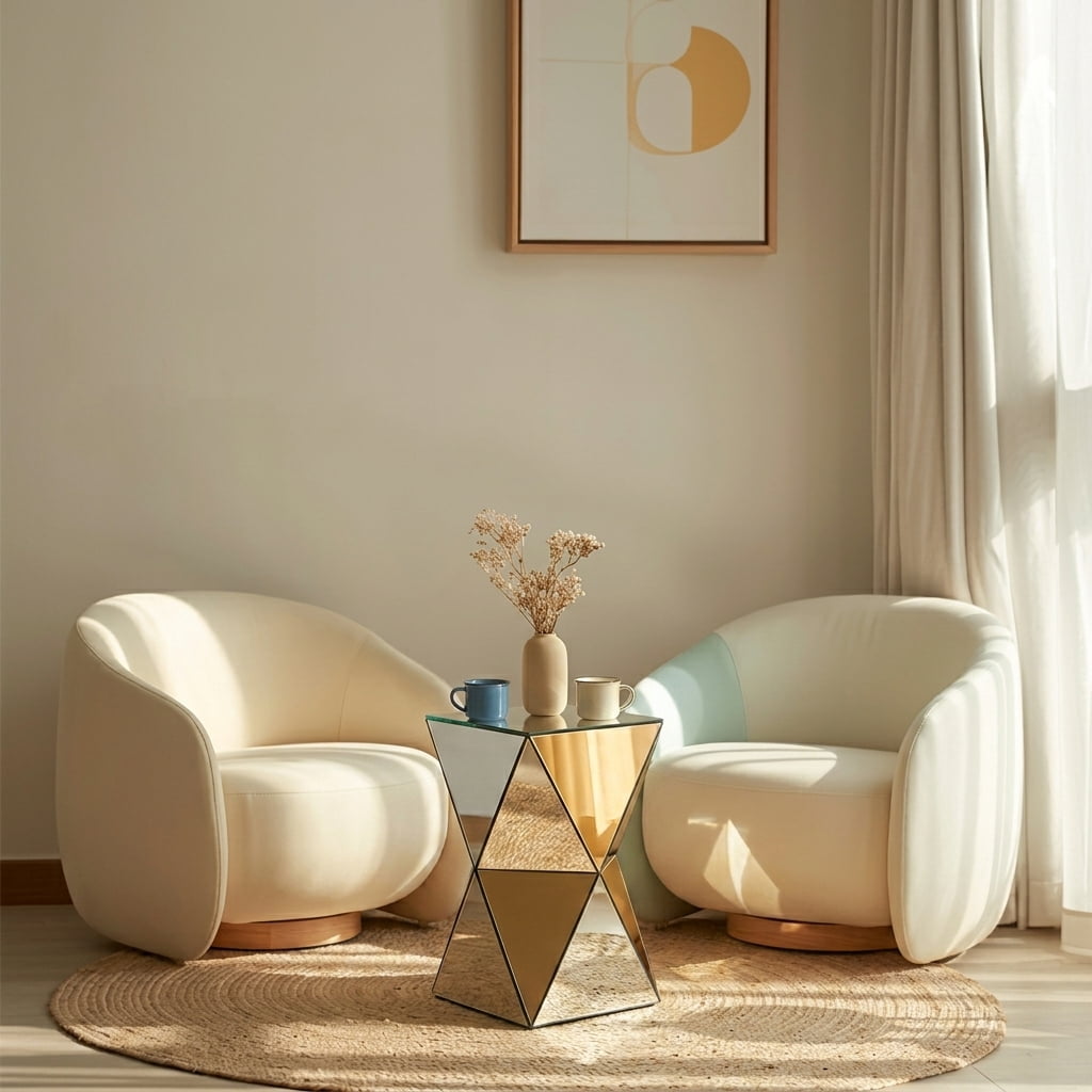 Silver Mirrored Geometric Side Table, Modern Luxe Accent End Table, Reflective Mirror Decorative Nightstand for Living Room, Bedroom, Sofa Side