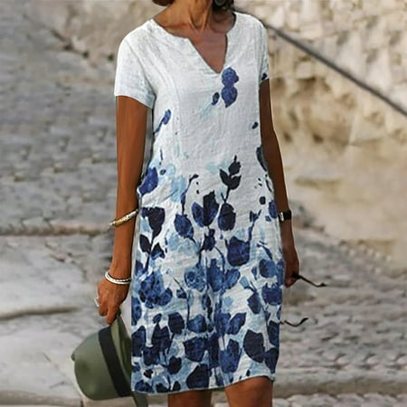 

jsaierl Summer Dresses for Women 2022 Casual Short Sleeve Round Neck Dress Boho Print Dresses A Line Loose Fit Birthday Dresses for Women
