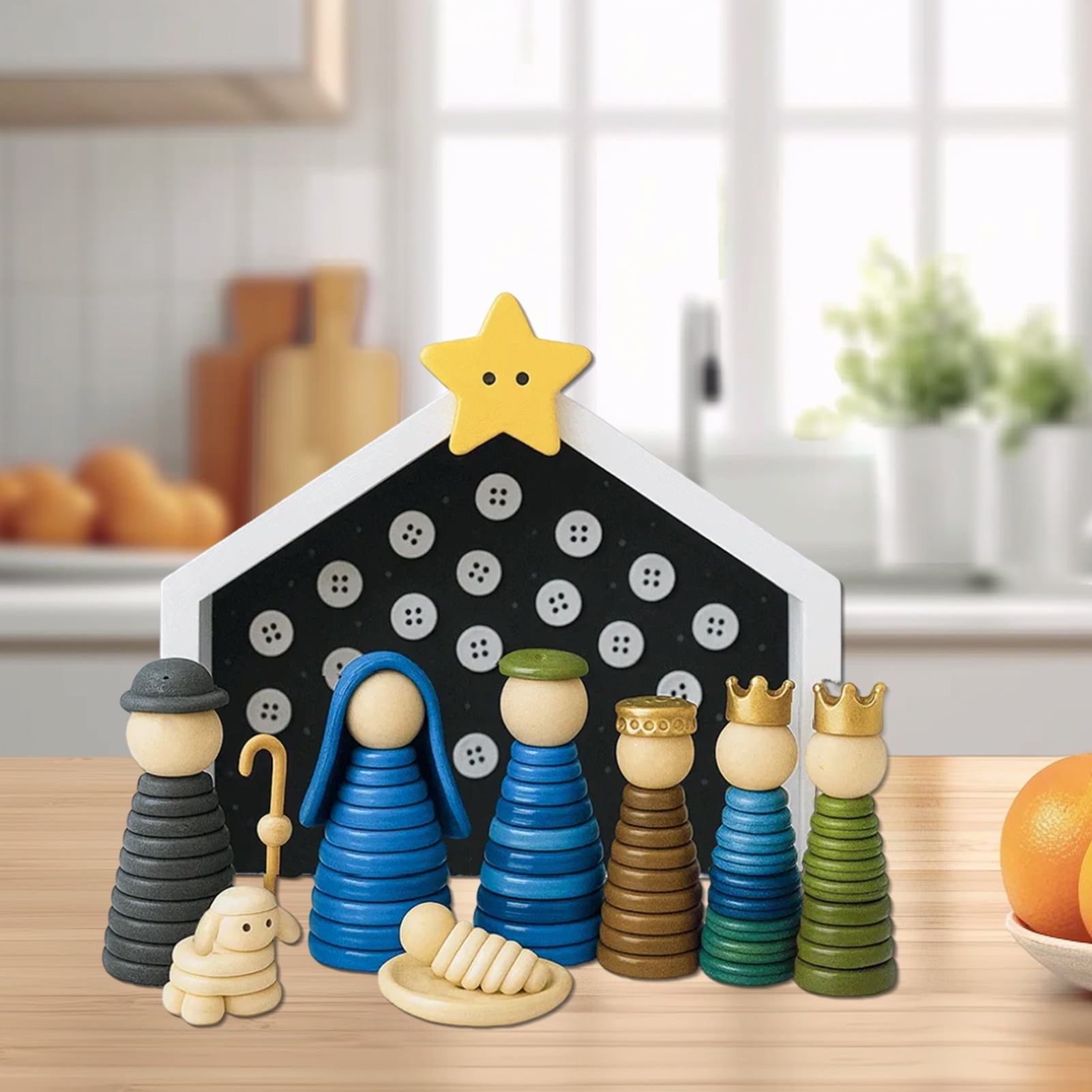 Dserfhy DIY Button Nativity Scene Craft Kit with Buttons & Beads Handmade Christmas Ornament Activity for Kids Families Christian Holiday Decor