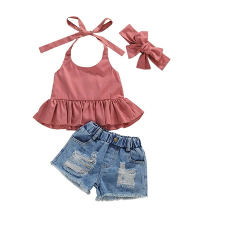 

Binpure Girls 3PSC Outfit Set Halter Top+Denim Ripped Shorts+Bowknot Headband