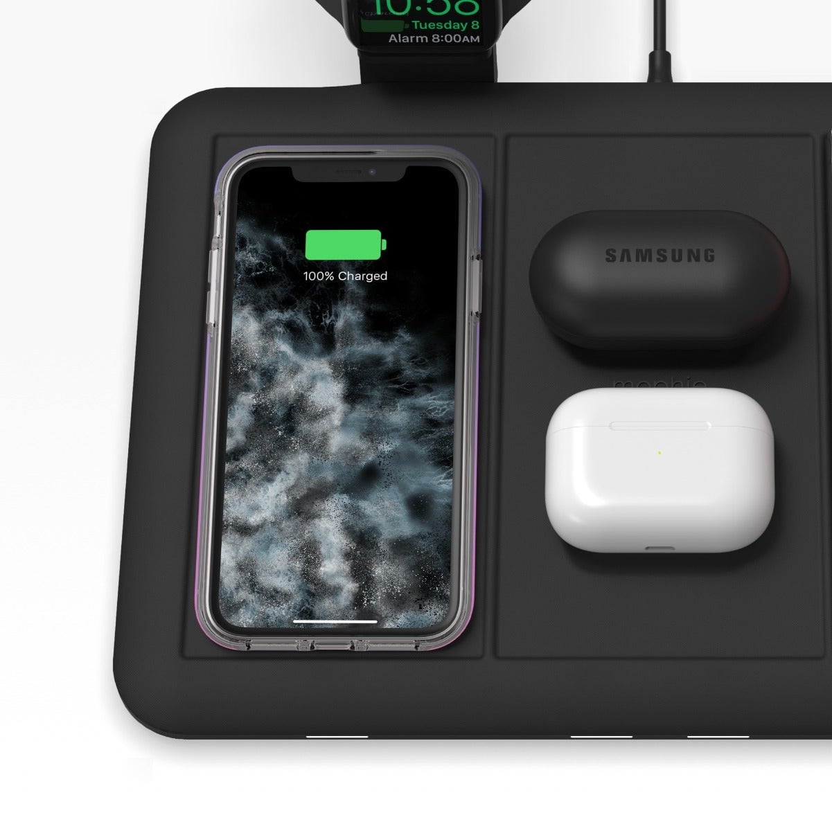 Open Box mophie 4-in-1 Wireless Charging Mat for Apple iPhone AirPods & Watch Samsung Galaxy Google Pixel and all Qi-Enabled Devices Additional USB-A Port Intuitive Design Includes Apple Watch Adapter