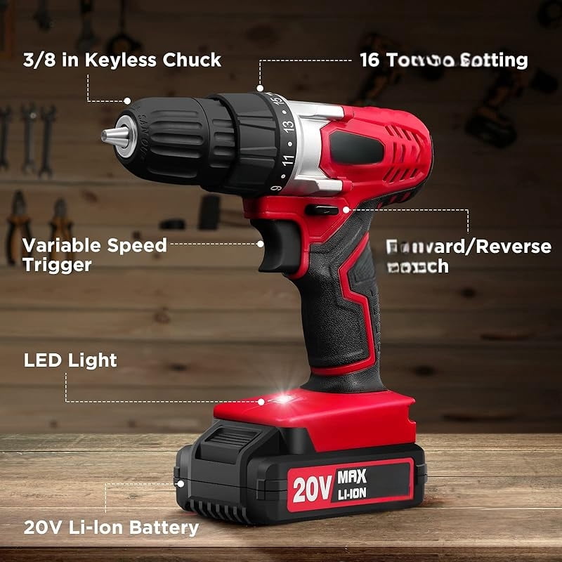 20V MAX Lithium lon Cordless Drill Set, Power Drill Kit with Battery and Charger, 3/8-Inch Keyless Chuck, Variable Speed, 16 Position and 22pcs Drill Bits (Red)