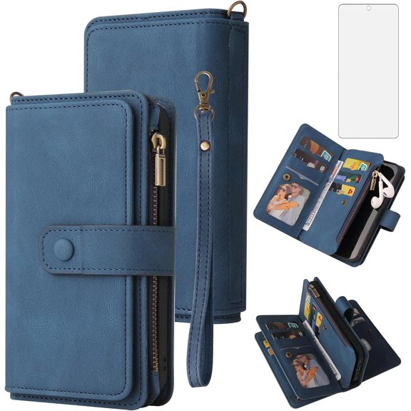Phone Case for Samsung Galaxy S21 5G 6.2 inch Wallet Cover with Tempered Glass Screen Protector and Wrist Strap Leather Flip Credit Card Holder Slot Stand Folio Cell S 21 21S G5 Women Men Blue