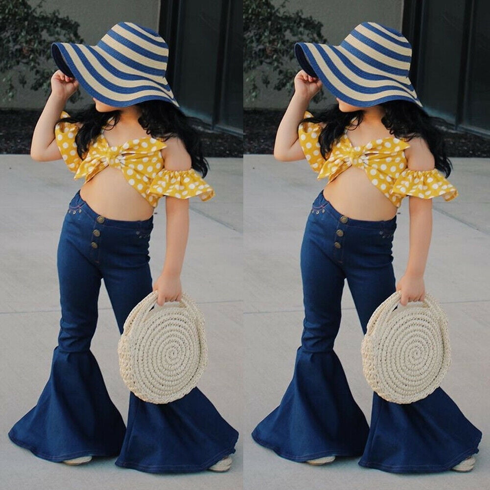 Pudcoco Toddler Kids Girl Denim Bell Bottoms Outfits Summer 2 Pieces Set Yellow Crop Tops Trousers Other