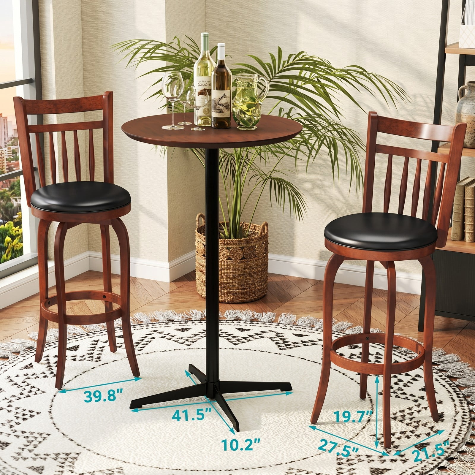 Furnibear Swivel Bar Stools Set of 2, 29 Inch Bar Height Faux Leather Upholstered Barstools with Curved Backrest and Footrest for Kitchen Island, Espresso and Black