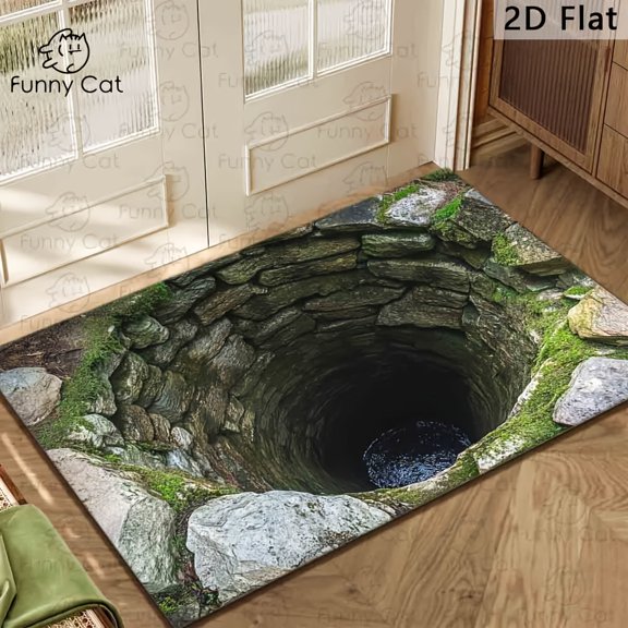 Optical Illusion 3D Illusion Stone Well Doormat - Realistic Moss-Covered Ancient Well Pit Mat with, Rubber Backing Suitable for Indoor/Outdoor Use, Low-Profile Depth Illusion Floor for Entryway,