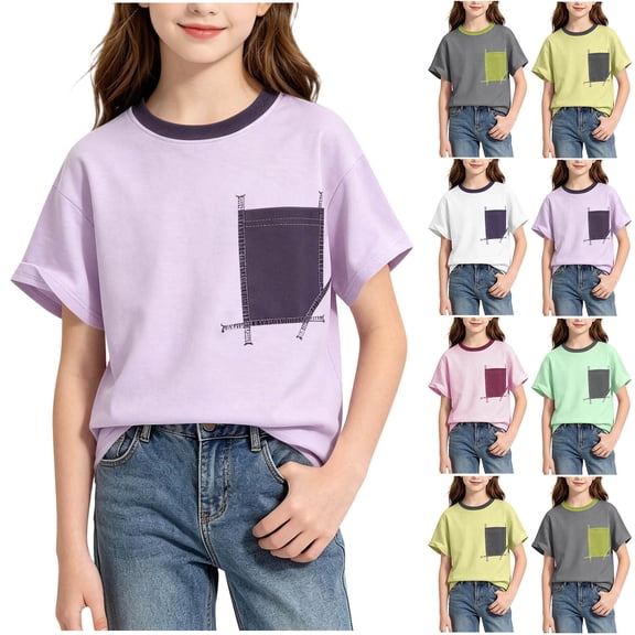 Teylalorva Girls Cotton T-Shirt with Pocket Crew Neck Short Sleeve Kids Summer Trendy Casual Tee White Size 14-16