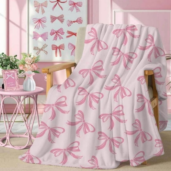 Soft Funny Throw Blanket Pink Bow,Coquette Girly Blanket Gifts For Kids Women Teens,Flannel Lightweight Blanket,Cute Pink Bow Bedding For Spring Preppy Decorations
