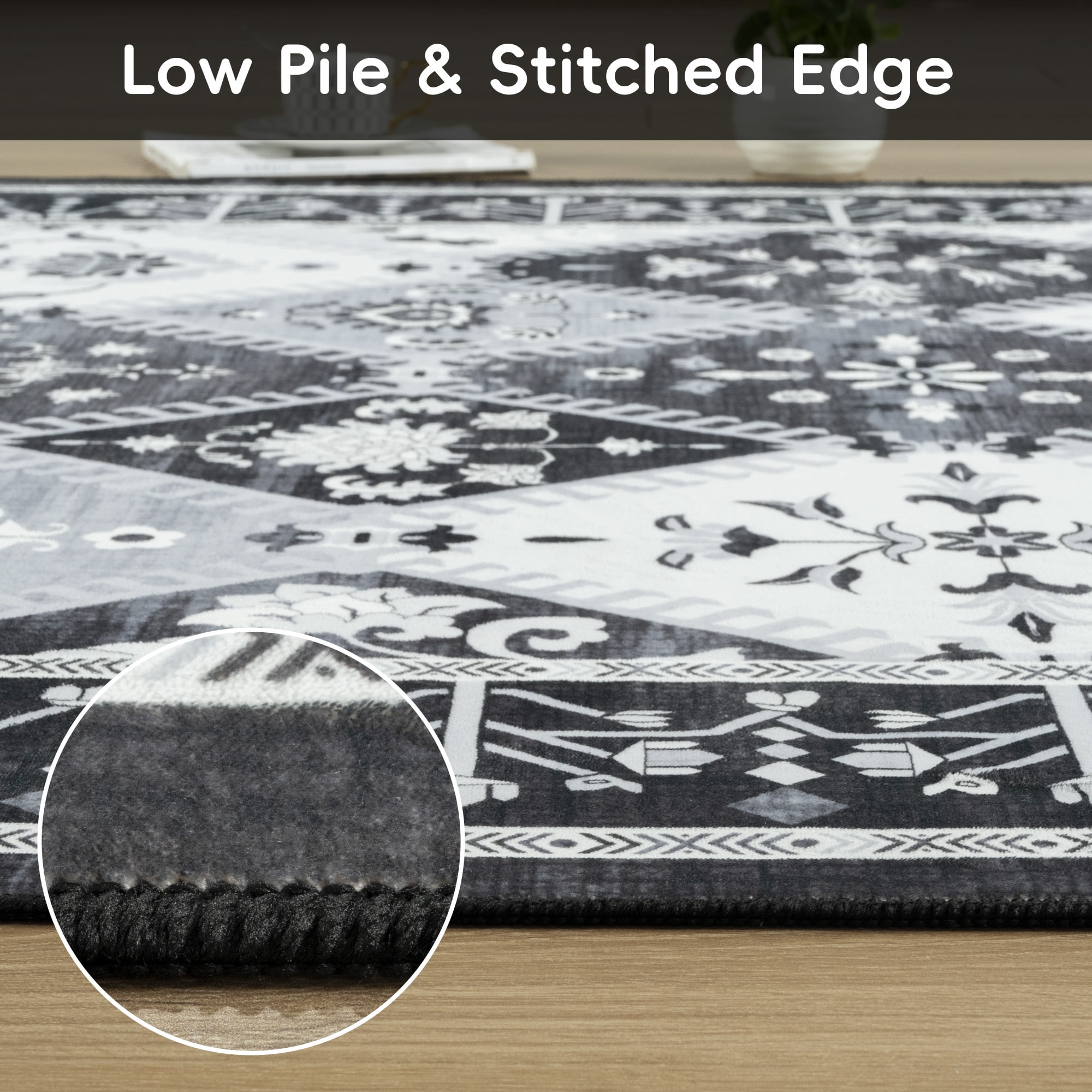 Wondo Moroccan Vintage Trellis Area Rug - Machine Washable Non-Slip Low-Profile 4x6 Floor Carpet for Living Room, Bedroom, Dining Room, Office & Nursery, Black