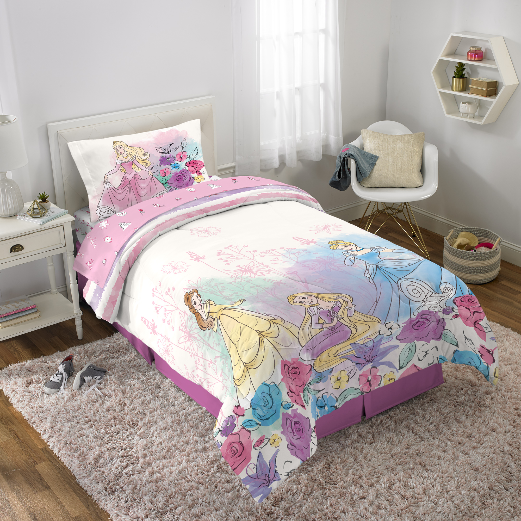 Disney Princess Kids Twin Sheet Set, Pink and White