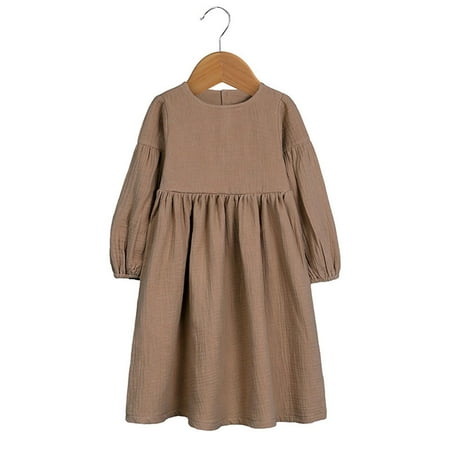 

Geire Spring Fall New Long-sleeved Dresses for Girls Solid Color Round Neck Simple Style Cotton Linen Dress A-Line Knee-Length Casual Dress