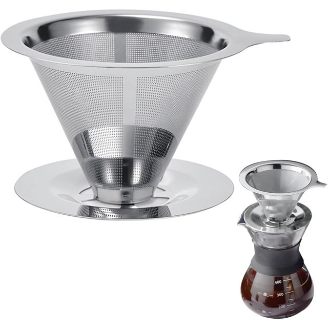 Pour Over Coffee Dripper, Reusable Stainless Steel Pour Over Coffee Filter Paperless Permanent Coffee Strainer for 1-4 Cup with Base