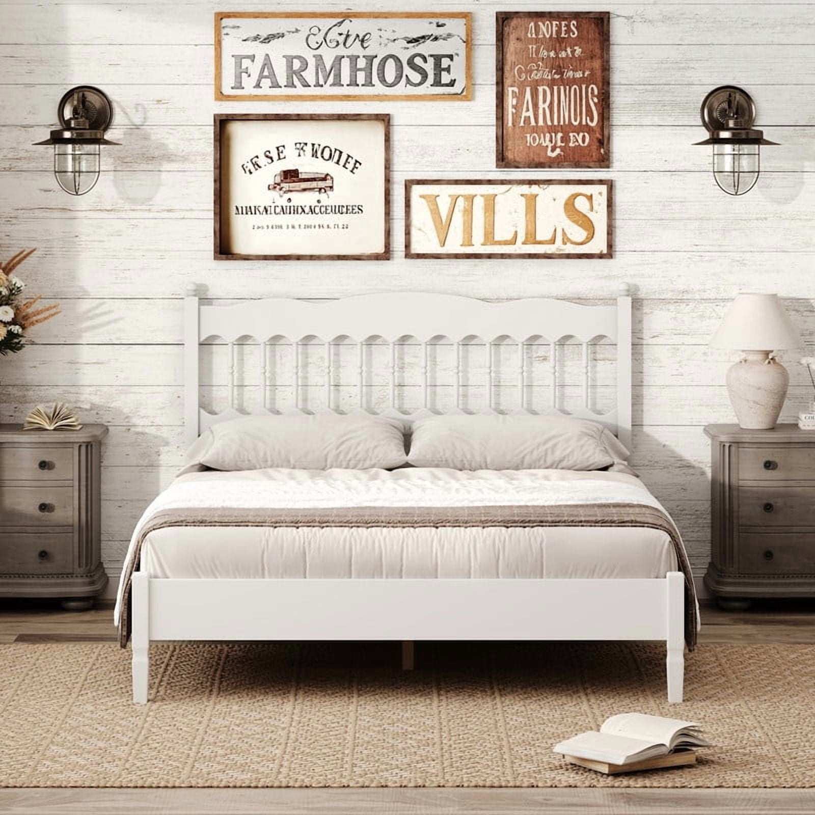 Queen Size Retro Countryside Style Wooden Bed Frame with Spindle Headboard, Low Profile Platform Bed with No Box Spring Required