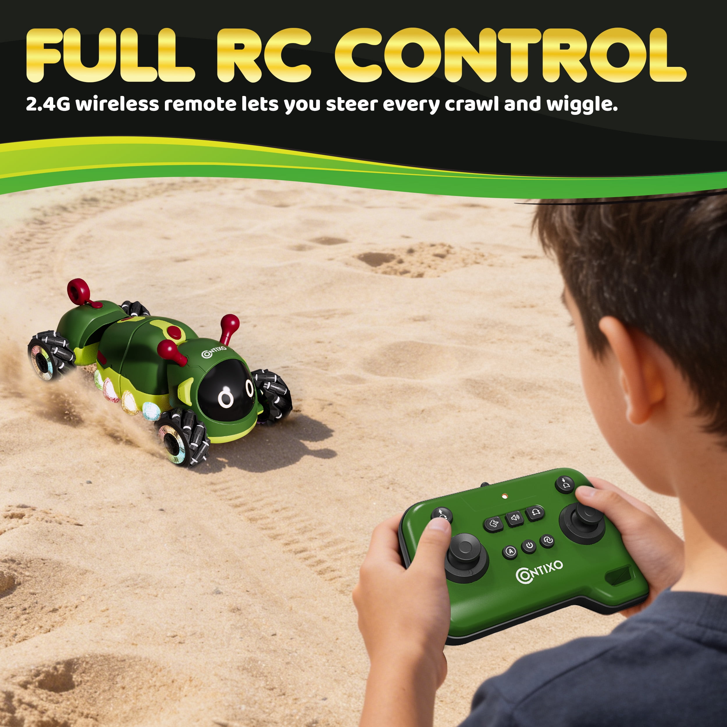 Contixo RC1 Mech Stunt RC Caterpillar Car – Kids Remote Control Car, Omni-Directional 360° Spins, Mist Spray, LED Lights, All-Terrain Stunt Vehicle, Torsion Body, 2.4GHz Remote –Green