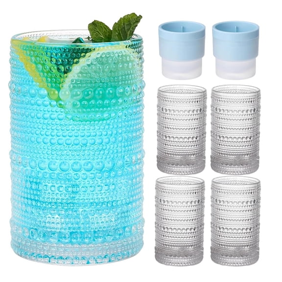4 PCS Colored Hobnail Drinking Glasses with Ice Ball Mold, 15 oz Highball Glassware for Cocktails, Whiskey, Iced Coffee, Beer, Juice, Tea
