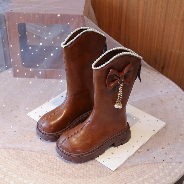 YUNAFFT Bottes Mi-Mollet pour Filles Talon Épais Bout Rond Détail Nœud Perlé Chaussures Décontractées Mode pour Performance et Usage Quotidien 4-12 Ans