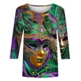 thumbnail image 4 of YOIAVAIOY Women Mardi Gras T Shirt 3/4 Sleeve Mask Graphic Tops Round Neck Casual Holiday Party Loose Fit Outfit Multicolor XL, 4 of 5