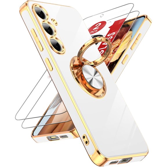 for Samsung Galaxy S24-FE Case: with 2 Pack Tempered Glass Screen Protector and 360° Rotatable Ring Holder Magnetic Kickstand, Plating Rose Gold Edge Protective for S24FE 5G Case, White