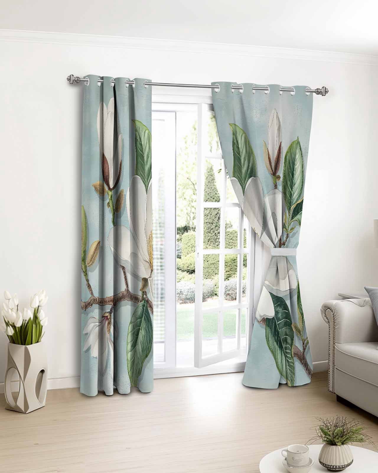 Magnolia Flowers Blackout Curtains 84 Inches Long, Retro White Floral 2 Panels, Thermal Insulated Room Darkening Drapes with Grommets, 52W x 84L Each Panel