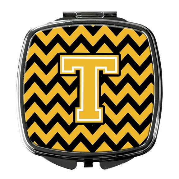 Letter T Chevron Black and Gold Compact Mirror