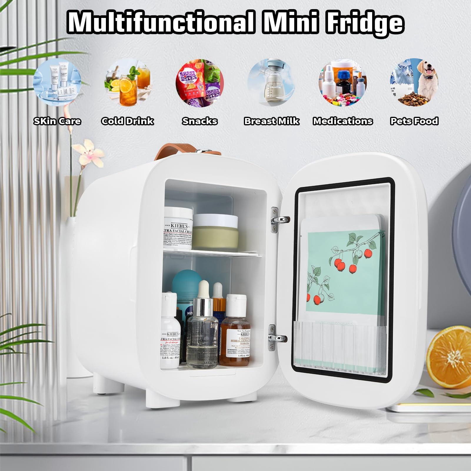 Mini Fridge for Bedroom Mirror Skincare Cooler & Warmer Portable Small Refrigerator 4 Liter/6 can with 12v AC/DC/USB Option for Food, Drinks, Makeup, Dorm, Office and Car