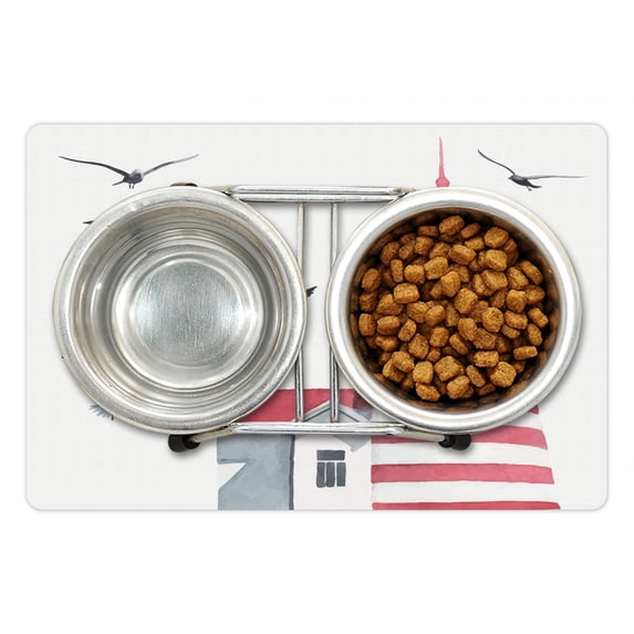 Lighthouse Pet Mat for Food and Water, Lighthouse and Seagulls on the Beach Navigational Aid Seaside Waterways Art, Non-Slip Rubber Mat for Dogs and Cats, 18" X 12", by Ambesonne