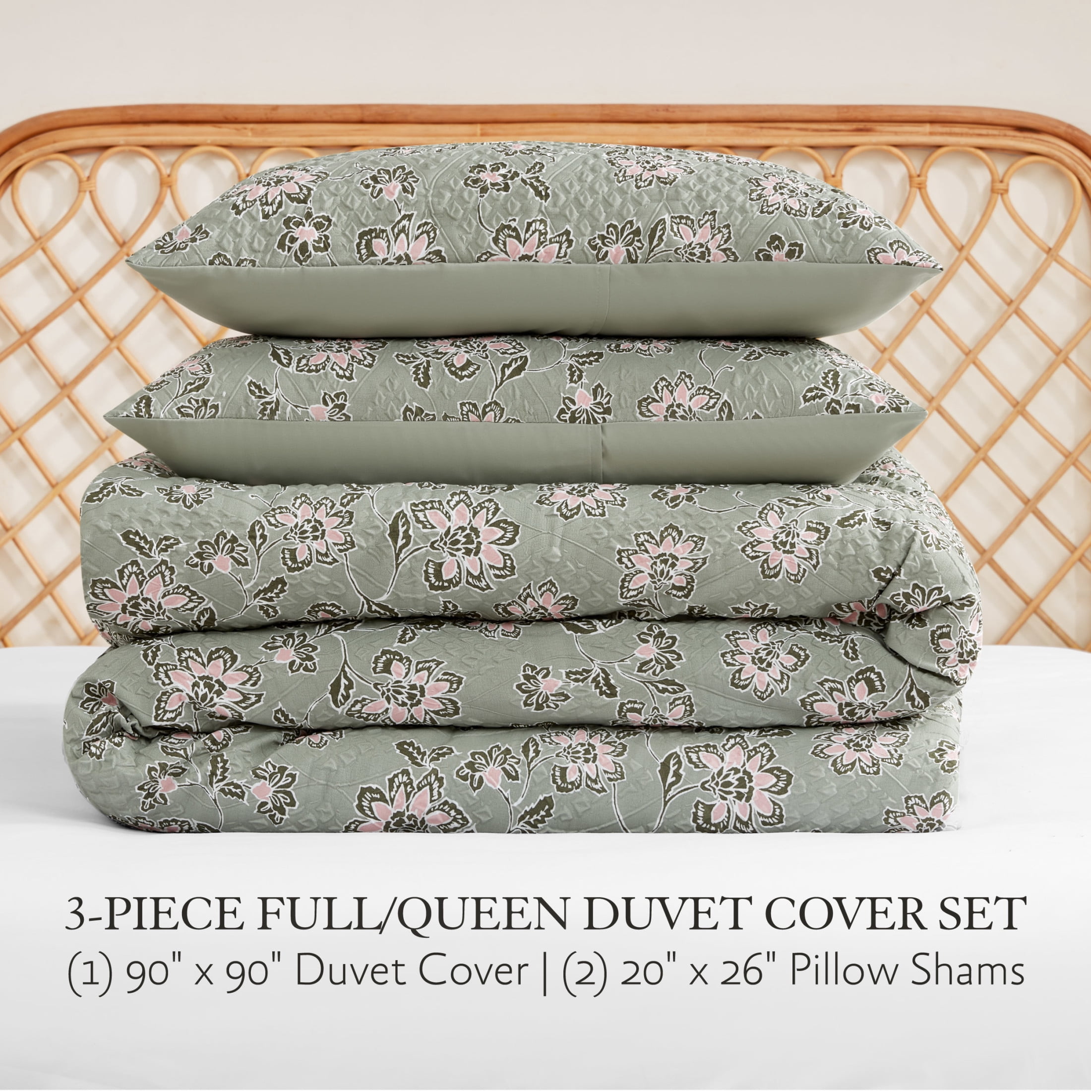 Jessica Simpson Botanical Embossed Sage Green Duvet Cover Set Queen/Full Size - 3 Piece Set