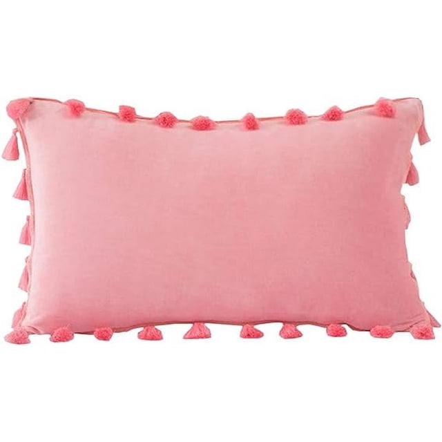 Nvzi Funda de almohada decorativa de terciopelo suave y liso con borlas, estilo bohemio, para sofá, dormitorio, coche, color rosa bebé, 30 x 50 cm