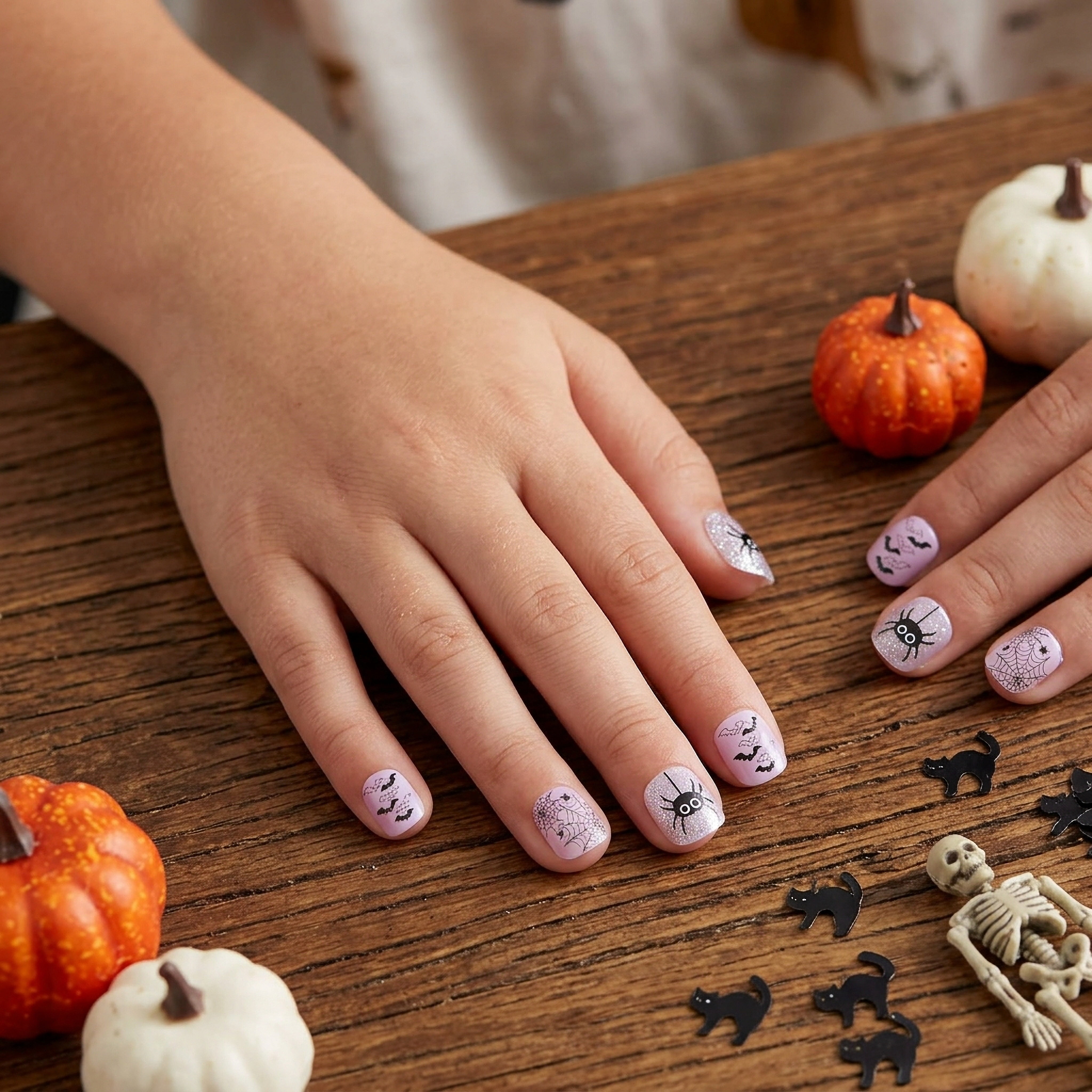 Expressions 24-Pack Self Adhesive Halloween Press-On Nails - Orange Glitter & Webs