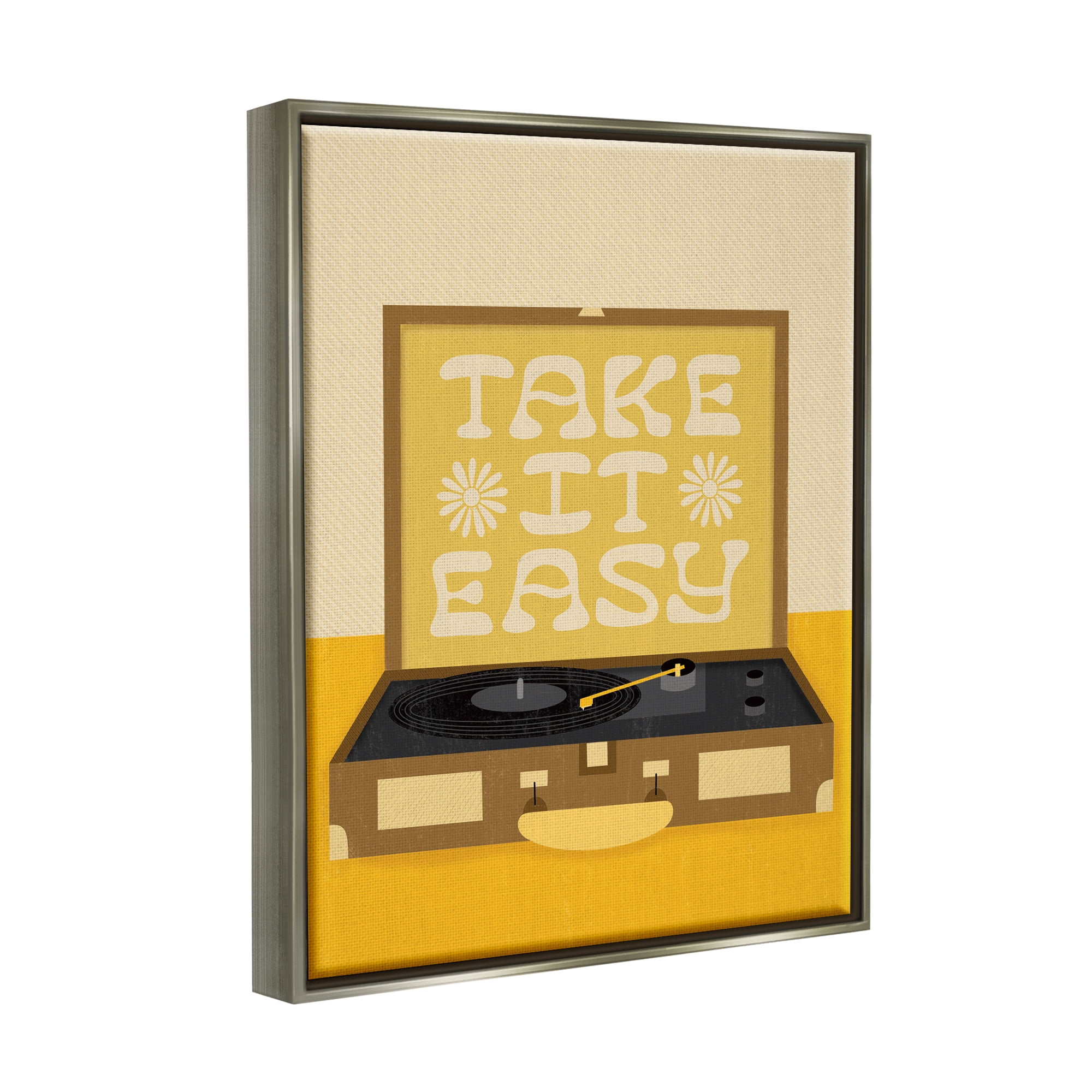 Stupell Industries Take it Easy Motivational Vintage Boho Record Player Luster Gray Framed Floating Canvas Wall Art, 16x20, by Jaylnn Heerdt