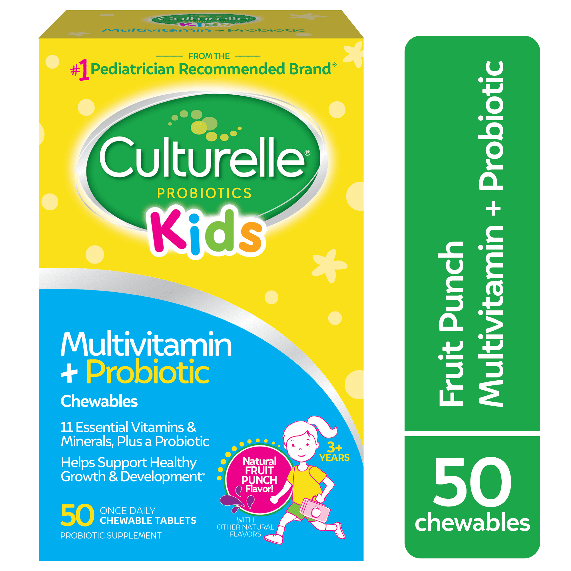 Culturelle Probiotics Kids Multivitamin + Probiotic Daily Chewables Supplement, Immunity & Digestion Support for Children, Fruit Punch Flavor, 50 Count