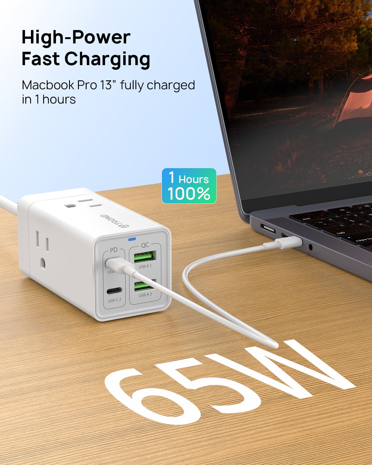 TROND USB C Charger Power Strip, Fast Charging Station, Desktop Fast Charger, 2 Type-C, 2 USB-A, 3 AC Outle, 65W GaN3 Fast Wall Charger Compatible with MacBook Laptops iPhone Samsung iPad White