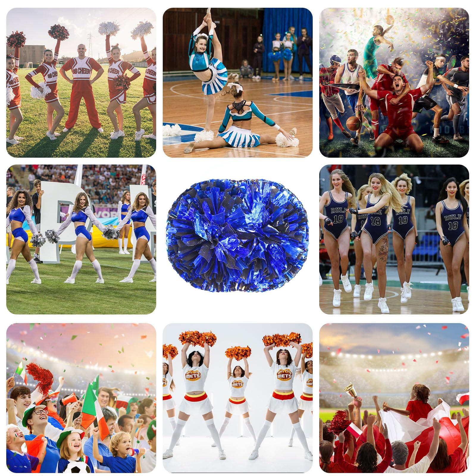 Pom Poms Cheer 8 Pcs with Handle, Cheerleading Handheld Squad Pompoms for Sports Team Spirit Games Dance Party Adults