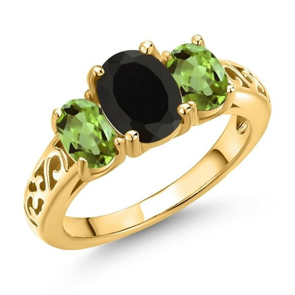 Gem Stone King 18K Yellow Gold Plated Silver Black Onyx and Green Peridot Filigree Style 3 Stone Ring for Women (2.60 Cttw, Oval 8X6MM and 6X4MM) (Size 5)