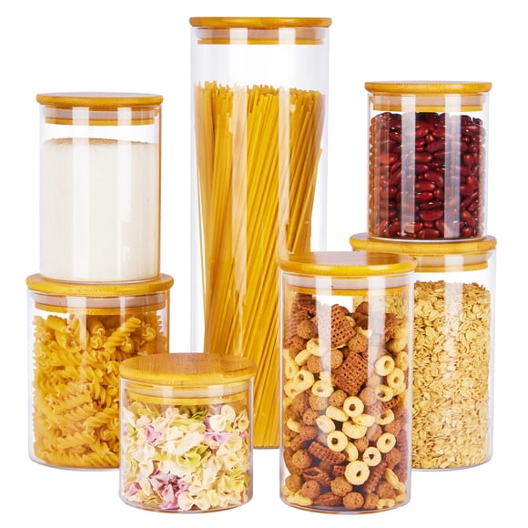 Vtopmart Pots de Rangement Alimentaires en Verre, Ensemble de 7 Contenants de Cuisine avec Couvercles en Bois de Bambou Hermétiques pour Pâtes, Biscuits, Noix, Grains de Café, Céréales, Boîte