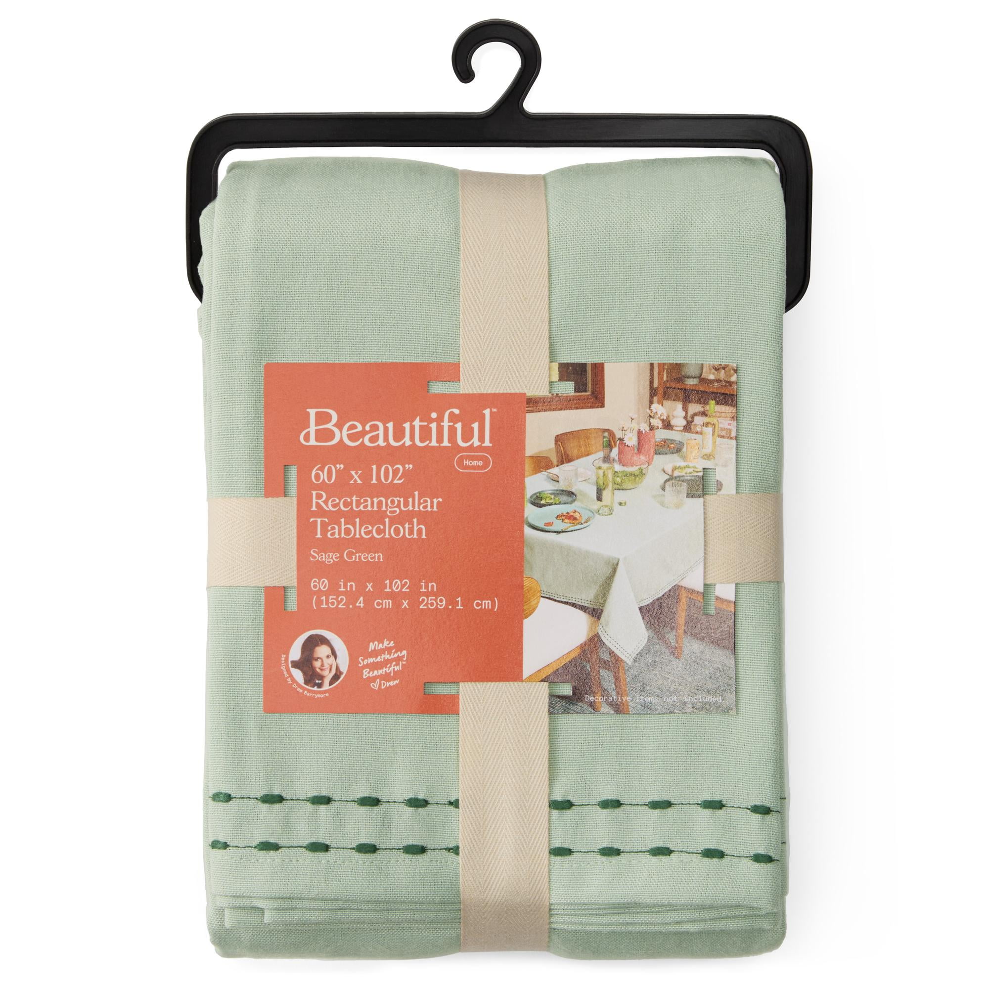 Beautiful Home by Drew Barrymore Solid Double Pop Stich Hem Fabric Tablecloth, Sage Green, 102"W x 60"L