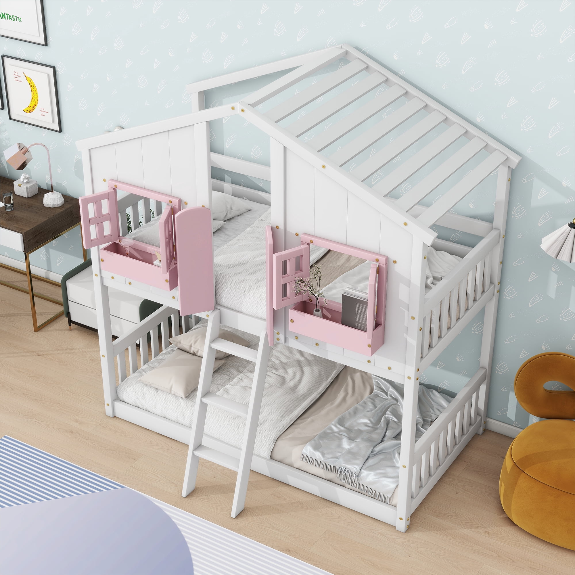 Leumius Twin over Twin Floor Bunk Bed with Ladder and Guardrails, House-Shaped-Bunk Bed with Window and Door for Boys Girls Pink+White