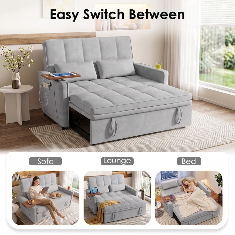 Anpport 3‑in‑1 Convertible Sleeper Sofa Bed, Pull‑Out Sofa with Side Desk, USB Ports, Cup Holders, Storage Armrests & Adjustable Backrest for Living Room Apartment, Light Gray