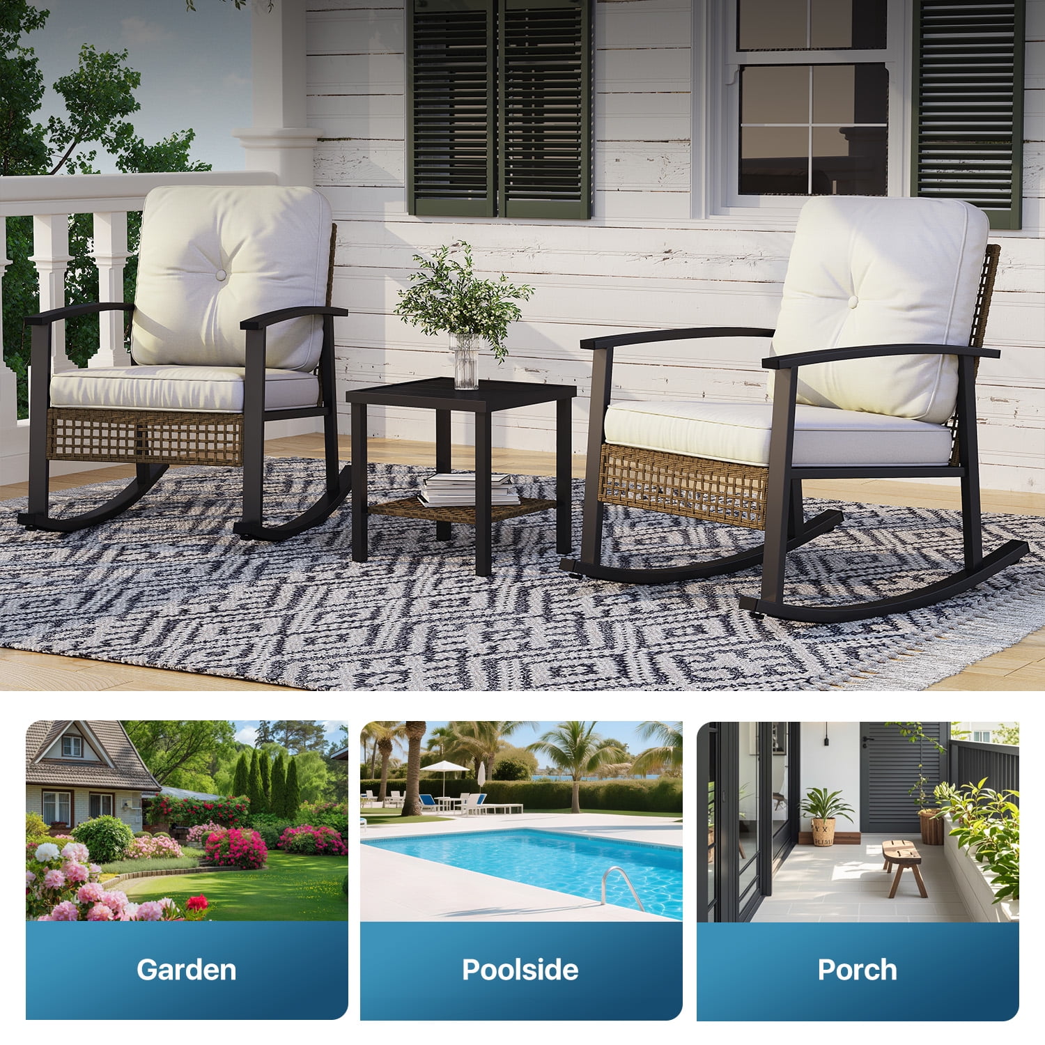 BaPiPro 3-Piece Outdoor Rocking Chair Set, PE Wicker Patio Furniture with Water-Resistant Cushions, Galvanized Steel Frame, 2-Tier Coffee Table, for Porch, Backyard, Poolside, Beige