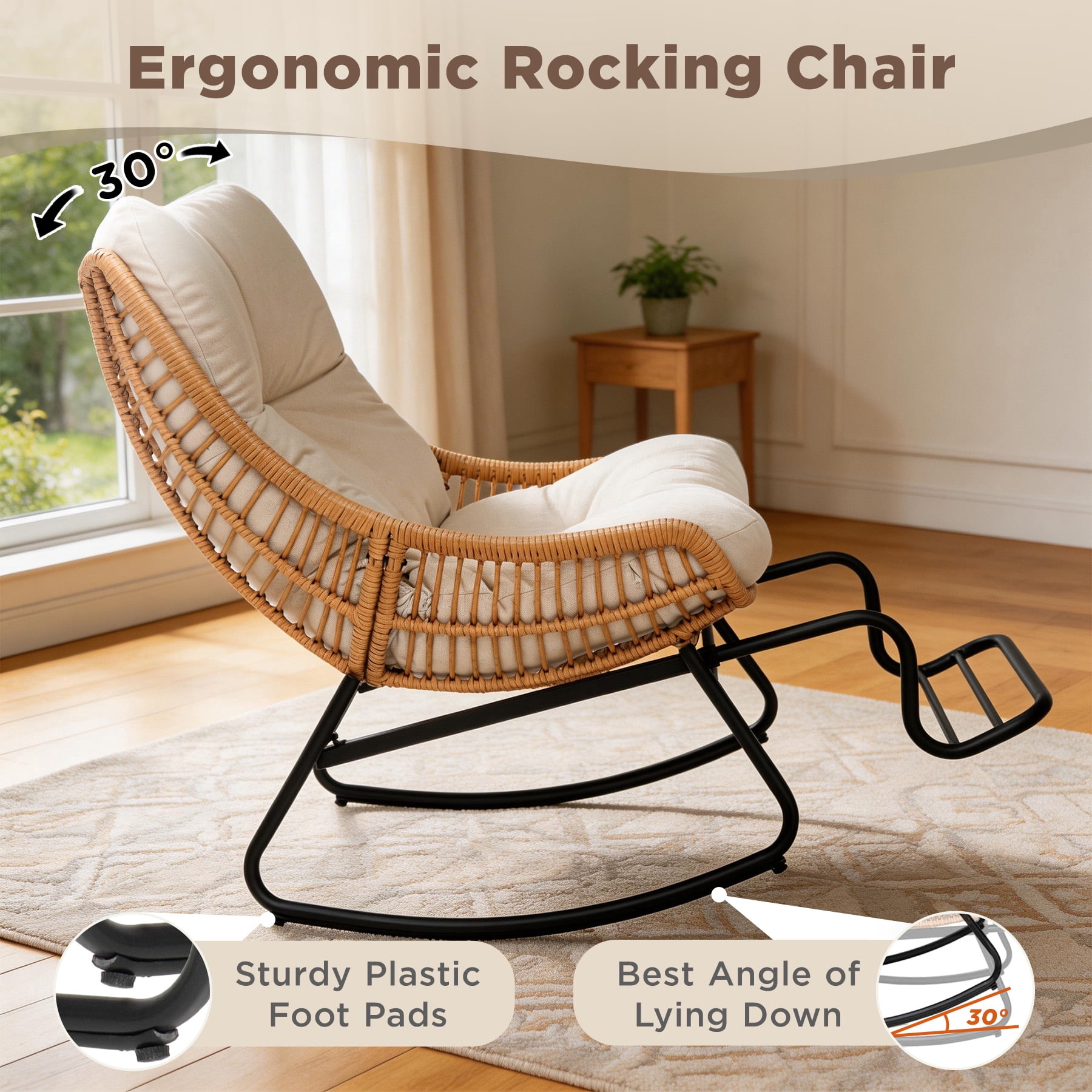 Tappio Rocking Papasan Chair with Adjustable Footrest, Outdoor Egg Rocking Chair with Thick Cushion and Steel Frame, Oversized Papasan Lounge Rocker for Garden, Porch, Living Room, Beige