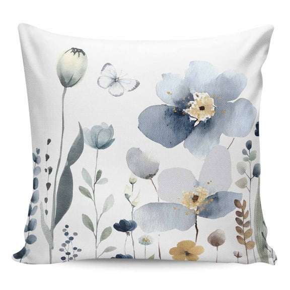 Throw Pillow Covers 18x18 Inch, Spring Blue Floral Decorative Pillow Cases for Couch Sofa Bed, Country Garden Wildflowers Botanical Cotton Linen Square Home Decor Pillowcases with Hidden Zipper