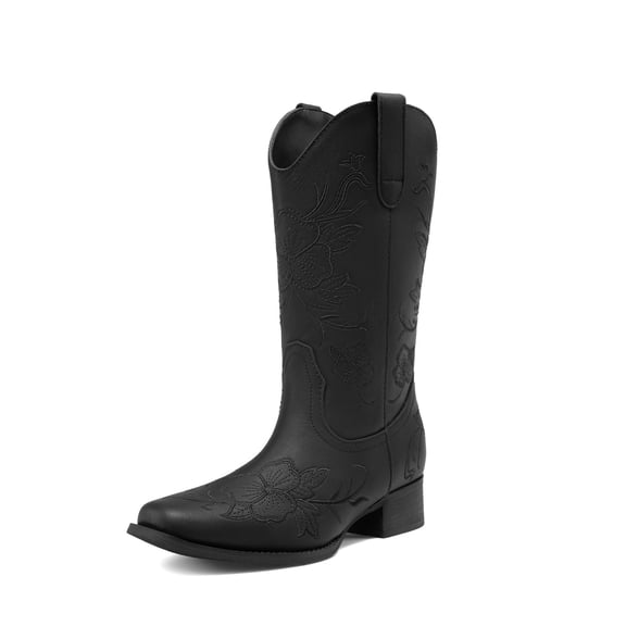 DREAM PAIRS Women's Mid-Calf Cowboy Boots Classic Embroidered Western Boots with Square Toe Comfortable Chunky Heel Vegan Leather Boots