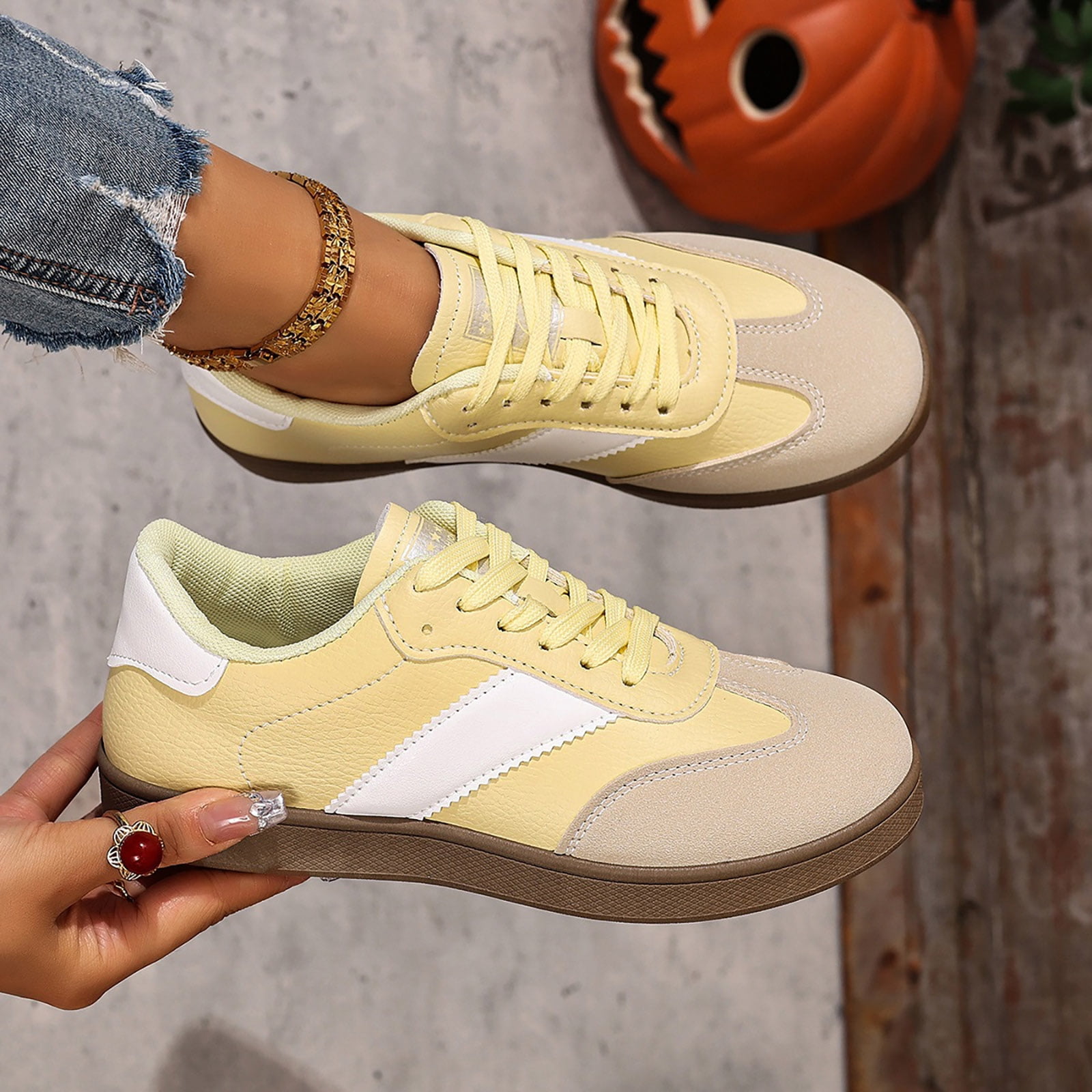 Womens Skate Shoes Comfy Arch Support Tennis Walking Shoes Fashion Color Block Lace up Nonslip Trainers Sneakers Yellow Size 7