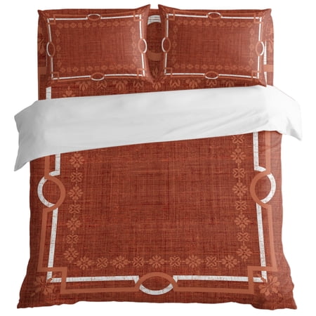 Red Farmhouse Duvet Cover Set Twin Size Linen Texture Geometric Lines Floral Boho 4 Piece Bedding Set with Zipper Closure & Corner Ties Soft Breathable Comforter Cover for Bedroom