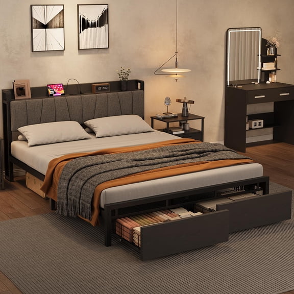 Bed Frame with Storage Headboard with Drawers and Charging Station, Industrial No Box Spring Needed Bedframe